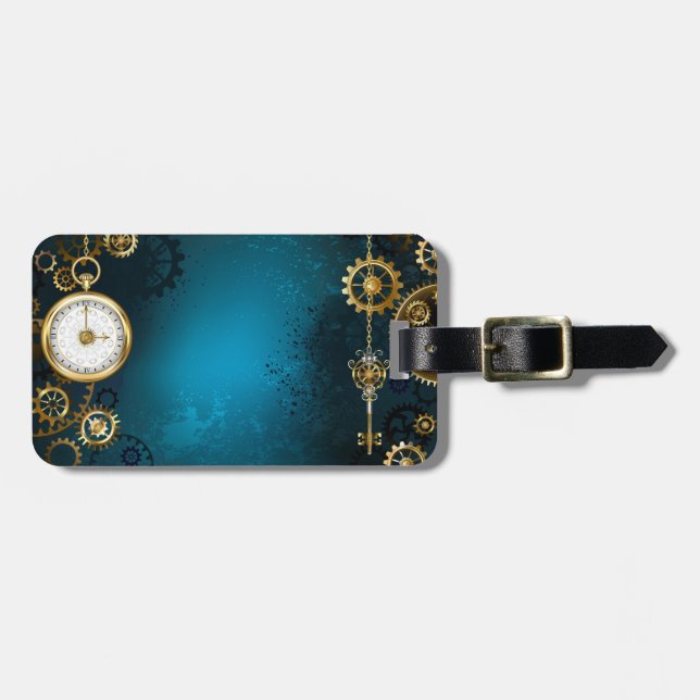 Steampunk turquoise Background with Gears Luggage Tag (Front Horizontal)