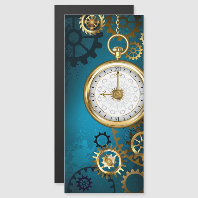Steampunk turquoise Background with Gears Magnetic Invitation (Front/Back)