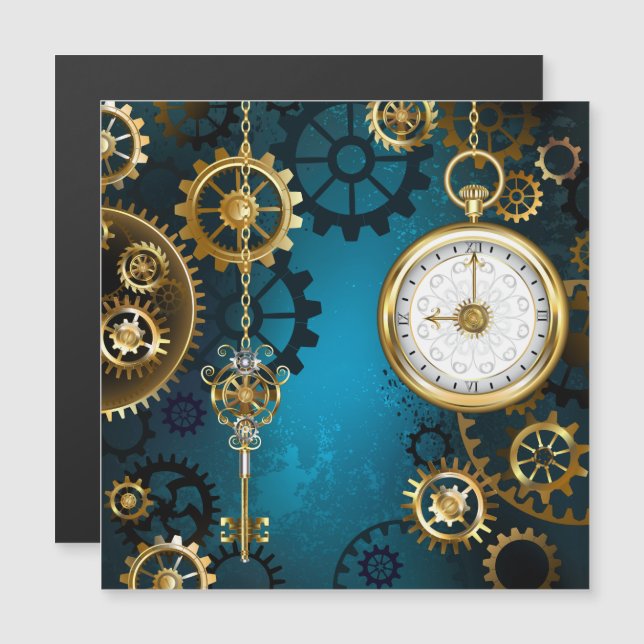 Steampunk turquoise Background with Gears Magnetic Invitation (Front/Back)