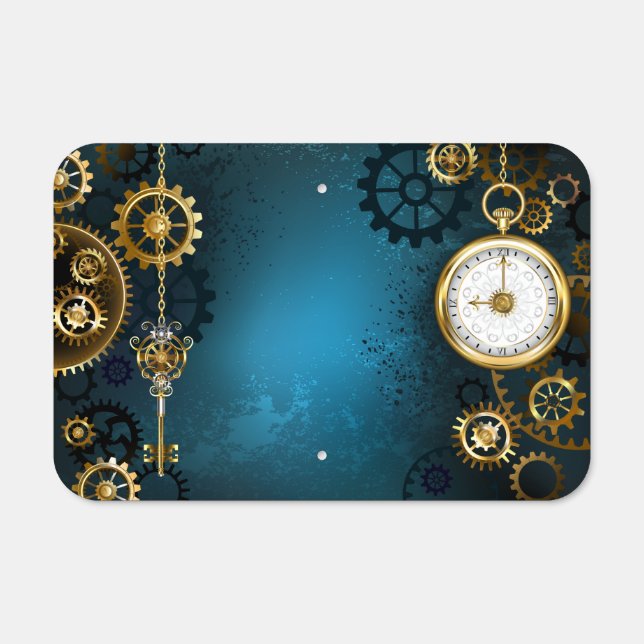 Steampunk turquoise Background with Gears Metal Sign (Front)