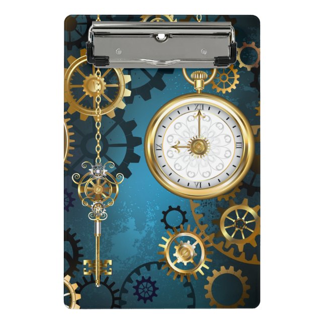 Steampunk turquoise Background with Gears Mini Clipboard (Front)