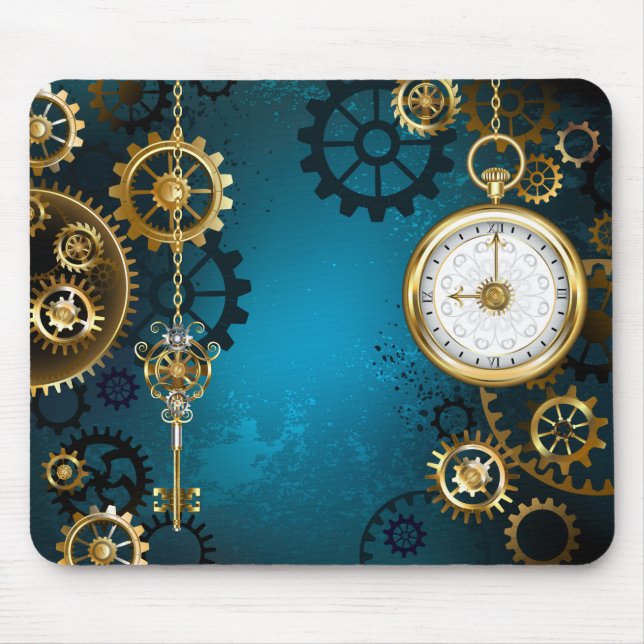 Steampunk turquoise Background with Gears Mouse Pad (Front)