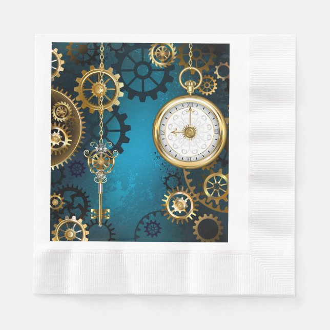 Steampunk turquoise Background with Gears Napkins (Front)