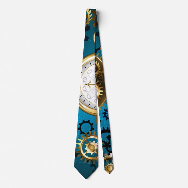 Steampunk turquoise Background with Gears Neck Tie (Front)