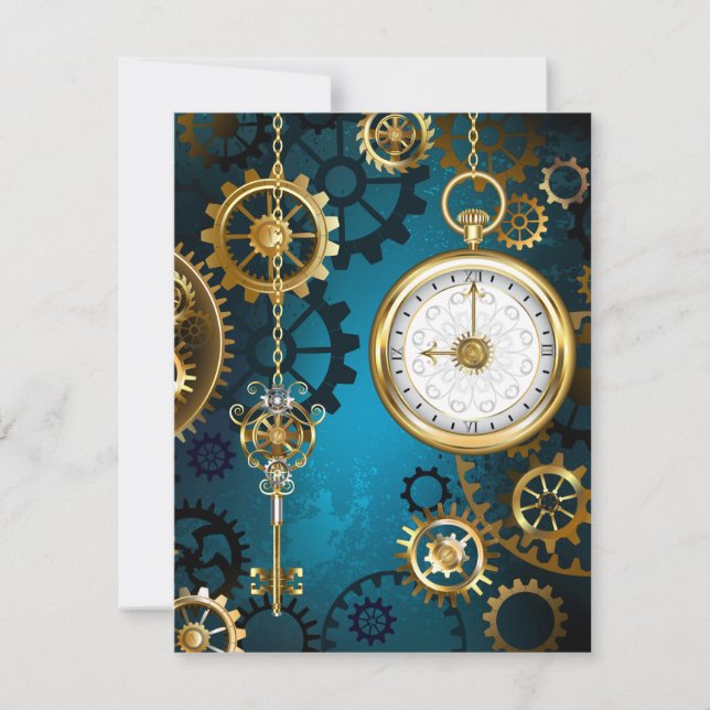 Steampunk turquoise Background with Gears Note Card (Front)