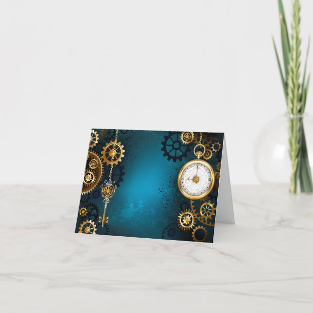 Steampunk turquoise Background with Gears Note Card (Front)