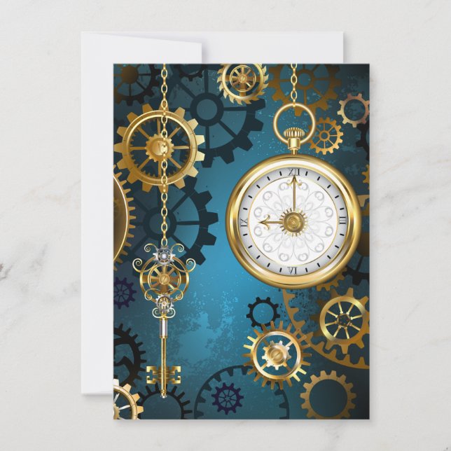 Steampunk turquoise Background with Gears Note Card (Front)