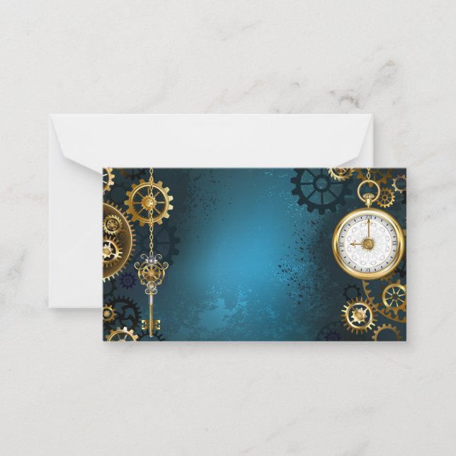 Steampunk turquoise Background with Gears Note Card (Front)