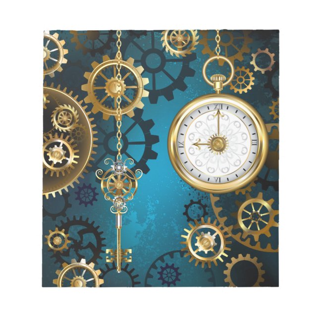 Steampunk turquoise Background with Gears Notepad (Front)