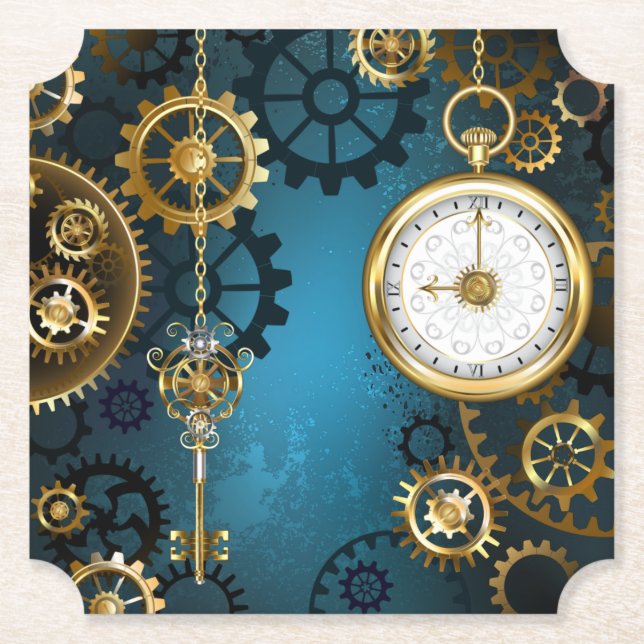 Steampunk turquoise Background with Gears Paper Coaster (Front)
