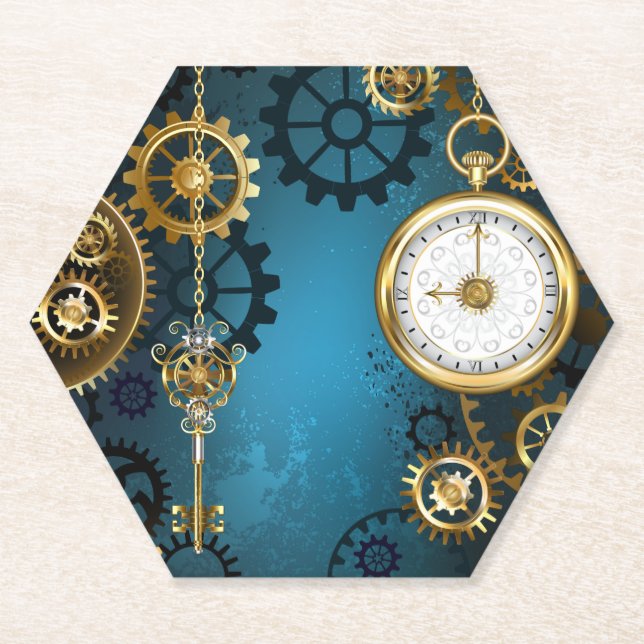 Steampunk turquoise Background with Gears Paper Coaster (Front)