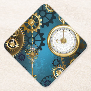 Steampunk turquoise Background with Gears Paper Coaster