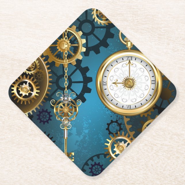 Steampunk turquoise Background with Gears Paper Coaster (Front)