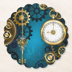 Steampunk turquoise Background with Gears Paper Coaster