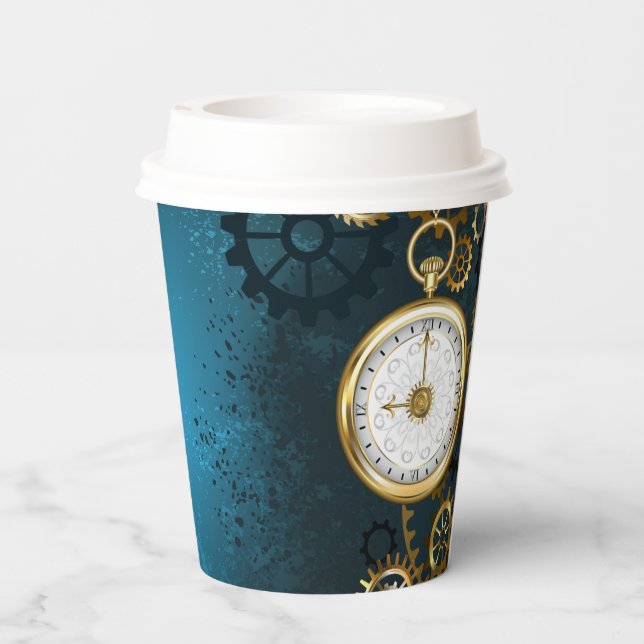 Steampunk turquoise Background with Gears Paper Cups (Back)