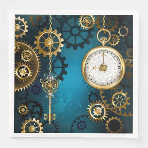 Steampunk turquoise Background with Gears Paper Dinner Napkins