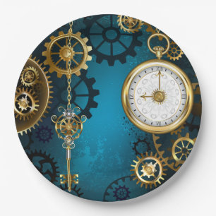 Steampunk turquoise Background with Gears Paper Plates