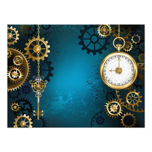 Steampunk turquoise Background with Gears Photo Print