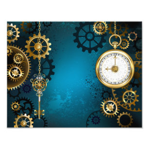 Steampunk turquoise Background with Gears Photo Print