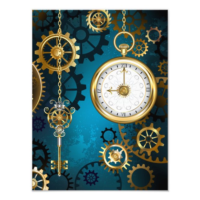 Steampunk turquoise Background with Gears Photo Print (Front)