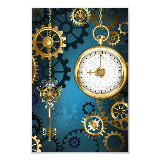 Steampunk turquoise Background with Gears Photo Print (Front)