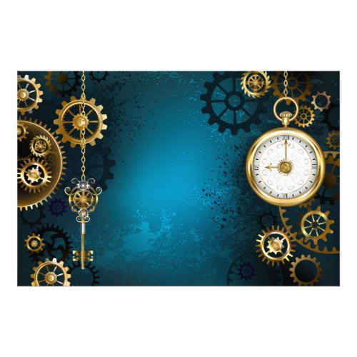 Steampunk turquoise Background with Gears Photo Print