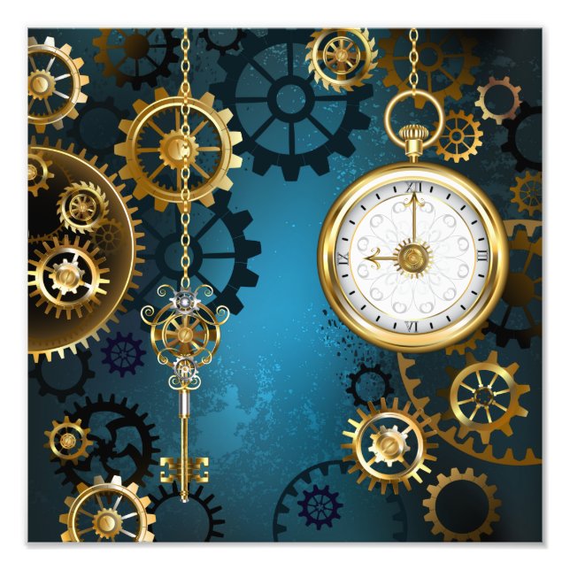 Steampunk turquoise Background with Gears Photo Print (Front)