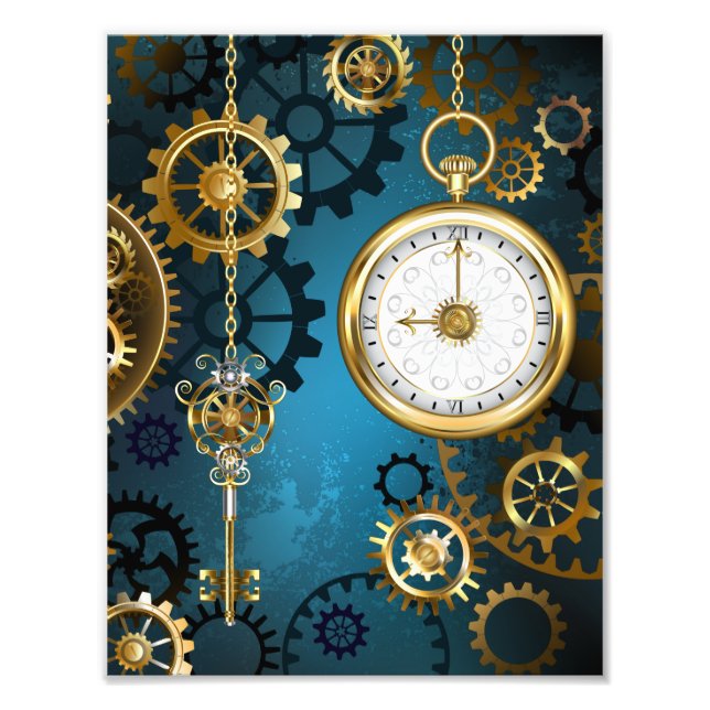 Steampunk turquoise Background with Gears Photo Print (Front)