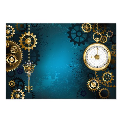 Steampunk turquoise Background with Gears Photo Print