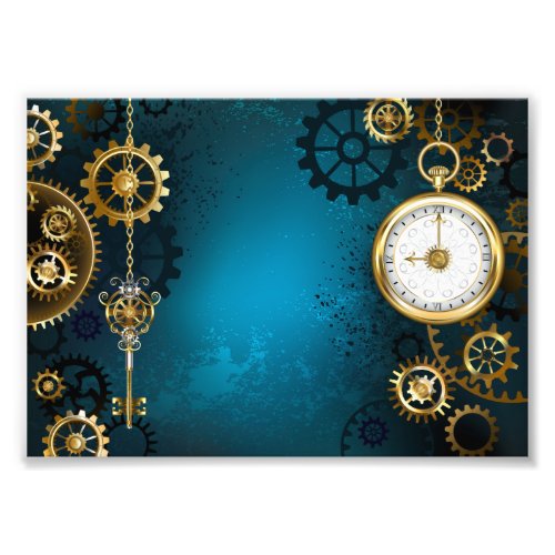 Steampunk turquoise Background with Gears Photo Print