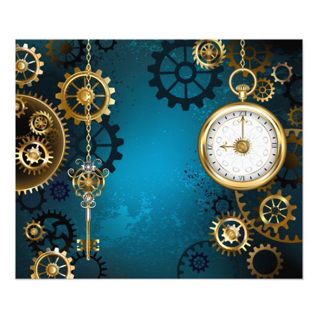 Steampunk turquoise Background with Gears Photo Print (Front)