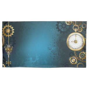 Steampunk turquoise Background with Gears Pillow Case