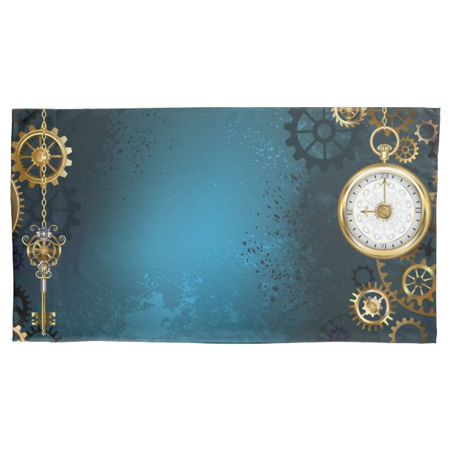 Steampunk turquoise Background with Gears Pillow Case (Front)