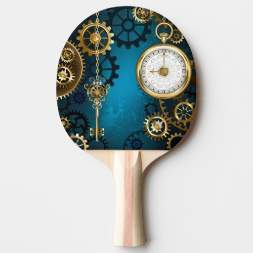 Steampunk turquoise Background with Gears Ping Pong Paddle