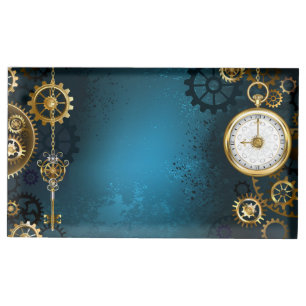 Steampunk turquoise Background with Gears Place Card Holder