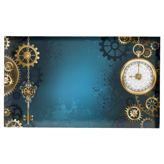 Steampunk turquoise Background with Gears Place Card Holder (Front)