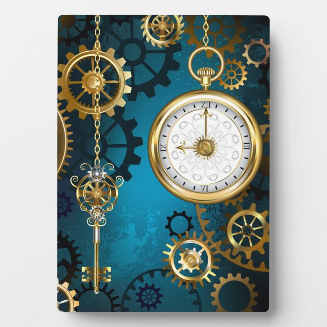 Steampunk turquoise Background with Gears Plaque (Front)