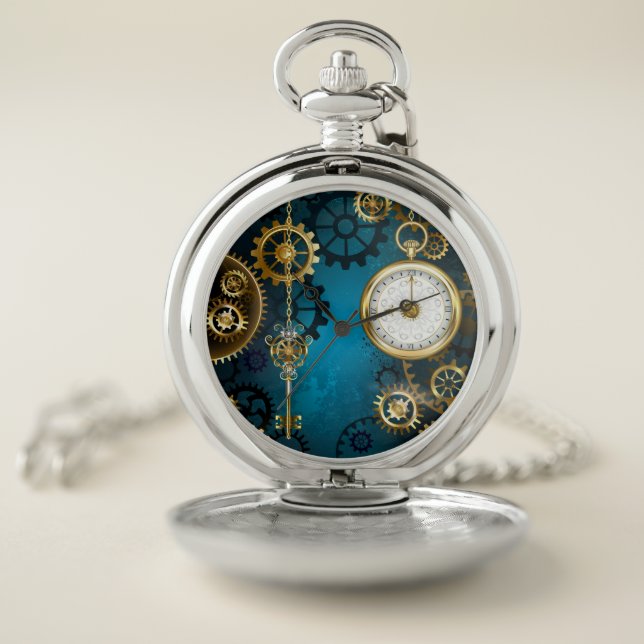 Steampunk turquoise Background with Gears Pocket Watch (Inside)