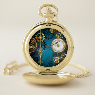 Steampunk turquoise Background with Gears Pocket Watch