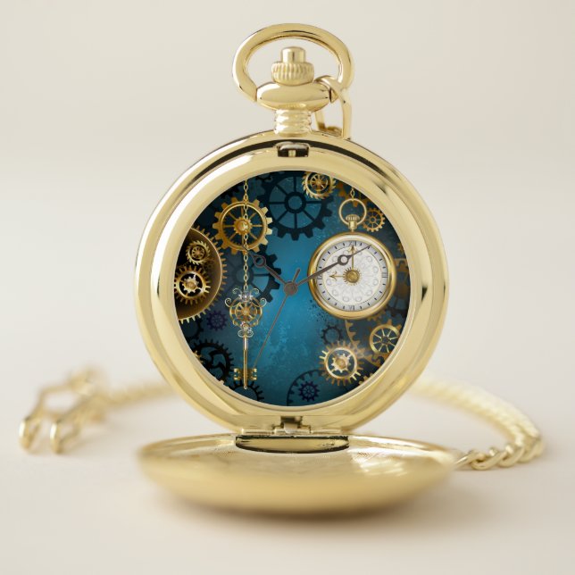 Steampunk turquoise Background with Gears Pocket Watch (Inside)