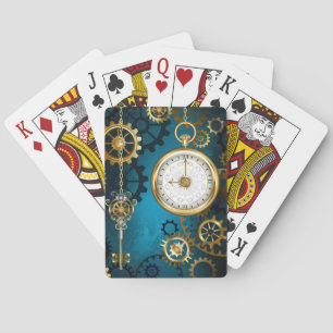 Steampunk turquoise Background with Gears Poker Cards