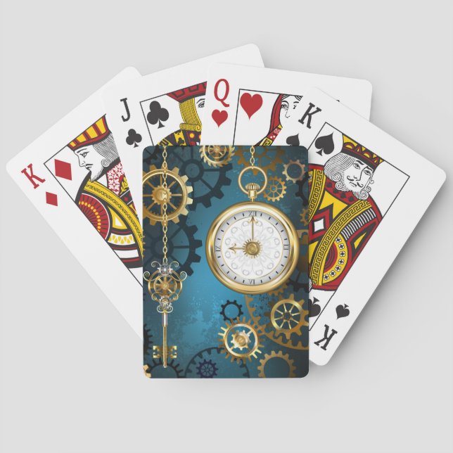 Steampunk turquoise Background with Gears Poker Cards (Back)
