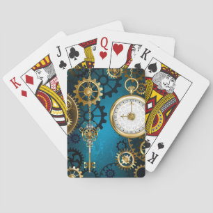Steampunk turquoise Background with Gears Poker Cards