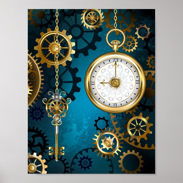 Steampunk turquoise Background with Gears Poster (Front)