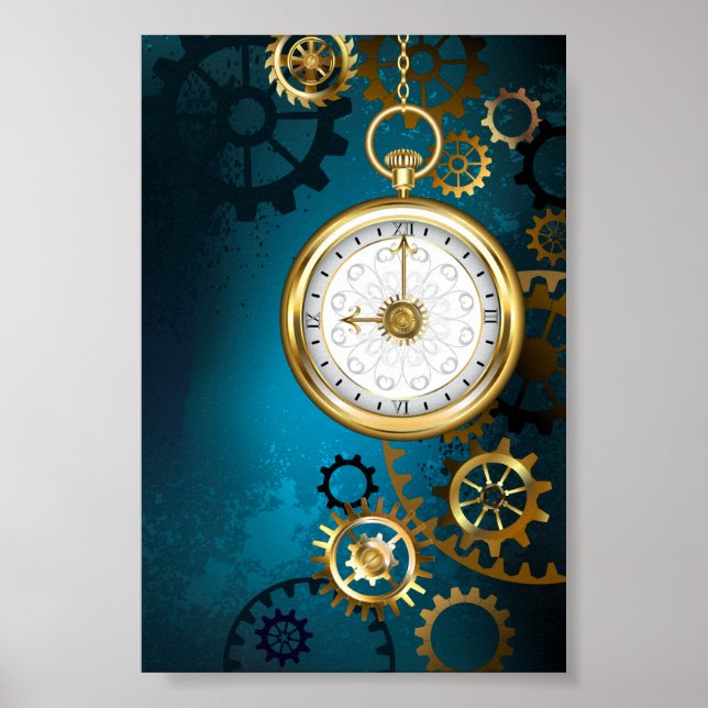 Steampunk turquoise Background with Gears Poster (Front)