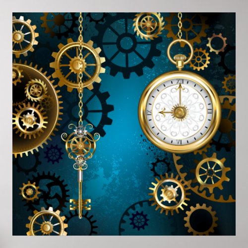 Steampunk turquoise Background with Gears Poster