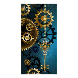 Steampunk turquoise Background with Gears Poster