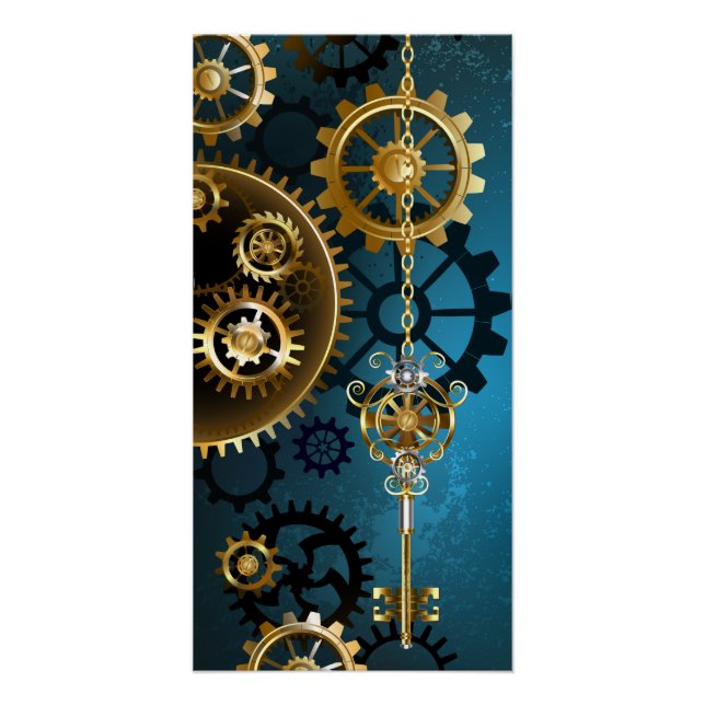 Steampunk turquoise Background with Gears Poster (Front)