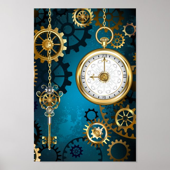 Steampunk turquoise Background with Gears Poster (Front)