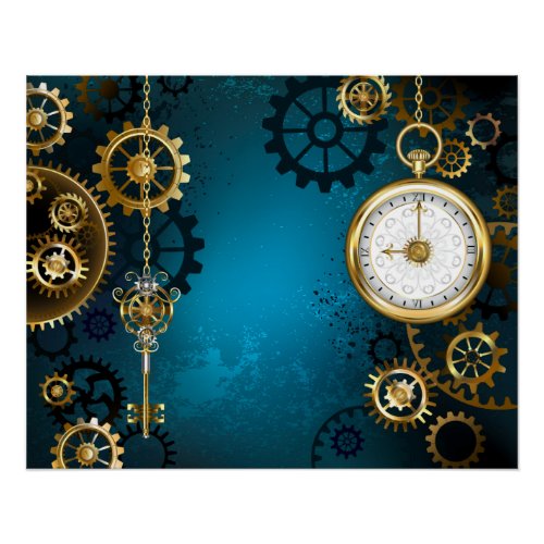 Steampunk turquoise Background with Gears Poster